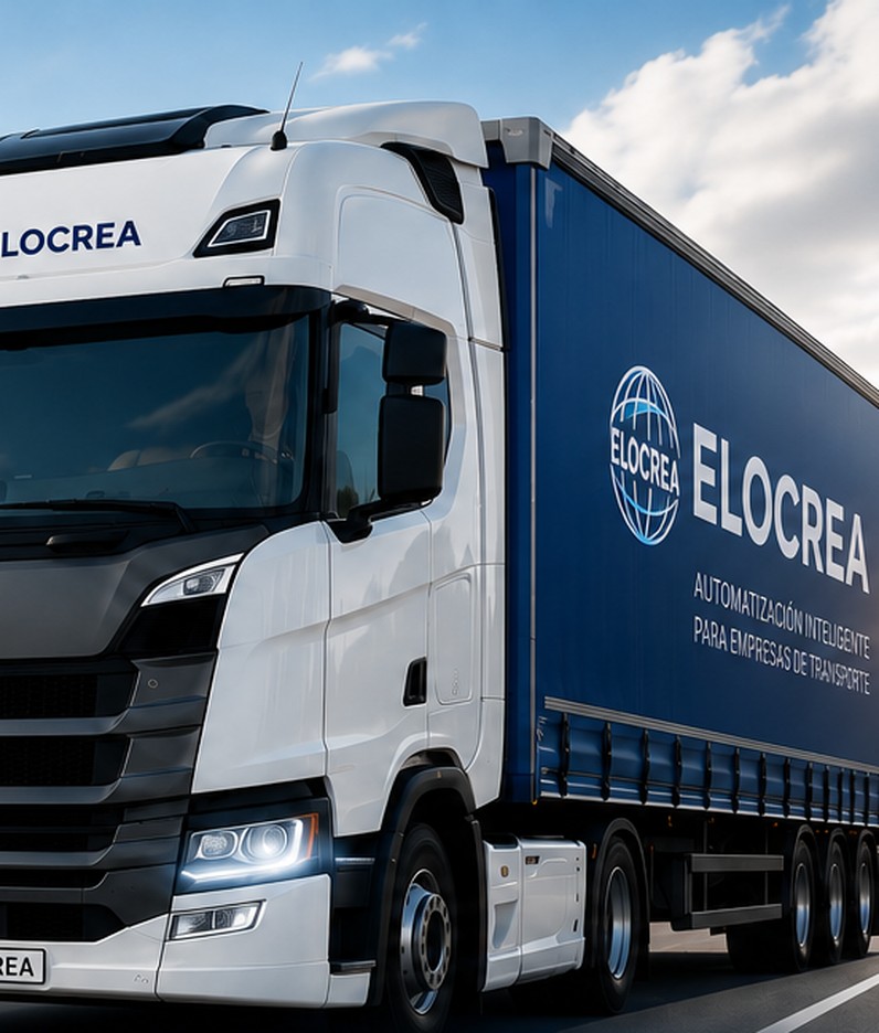 Camión de ELOCREA circulando por carretera junto a la Guía Práctica DeCA, sobre un fondo tecnológico